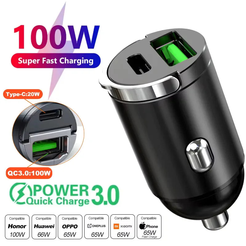 100W USB-C PD Car Charger – Fast Dual Port Quick Charge Adapter